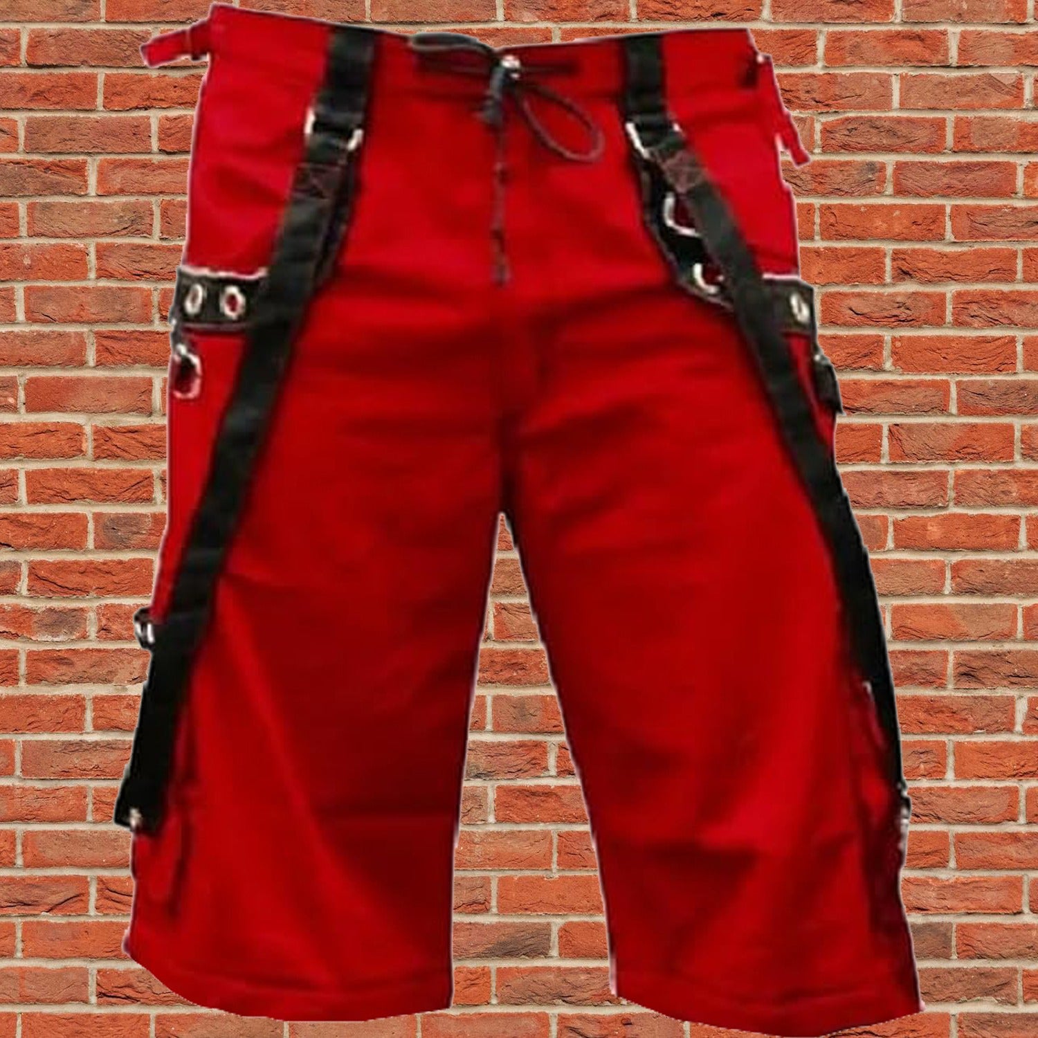 Gothic Men's Gothic Handmade Red Shorts Red Threads Black Straps Punk Rock Metal Chain Cyber/USA