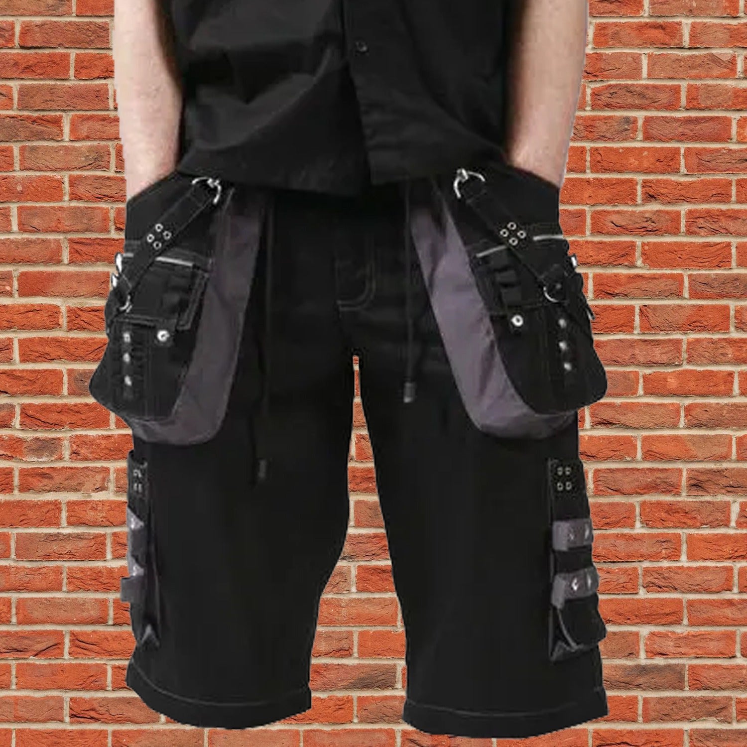 Gothic Men's Black Grey Men Short Gothic Cotton Studs Metal Punk