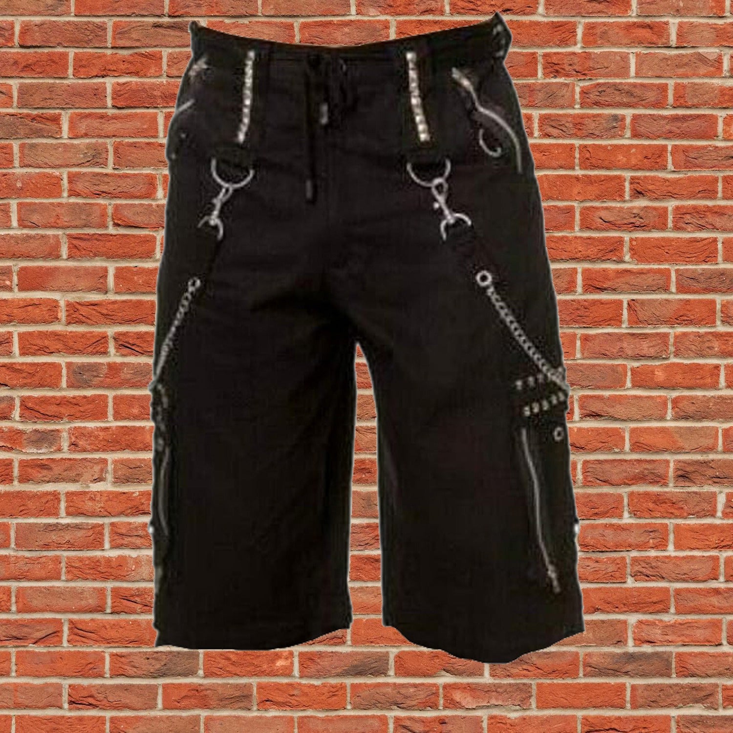 Gothic Men Black Chrome Trousers Punk Rock Studs Metal /Chain Shorts