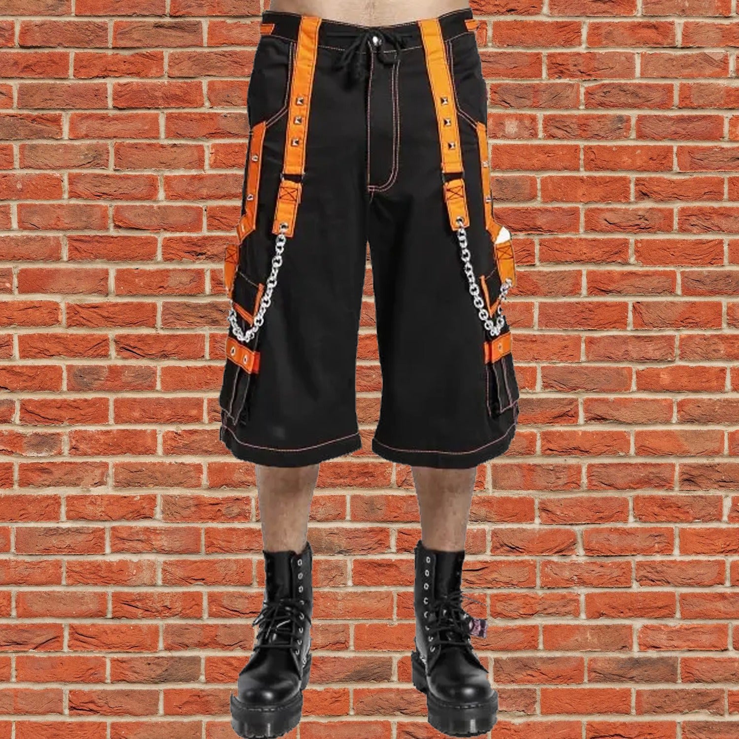 Men Extreme Bondage Skater Black/Orange Gothic Punk Rocker Cyber Goth Steam punk Biker Short