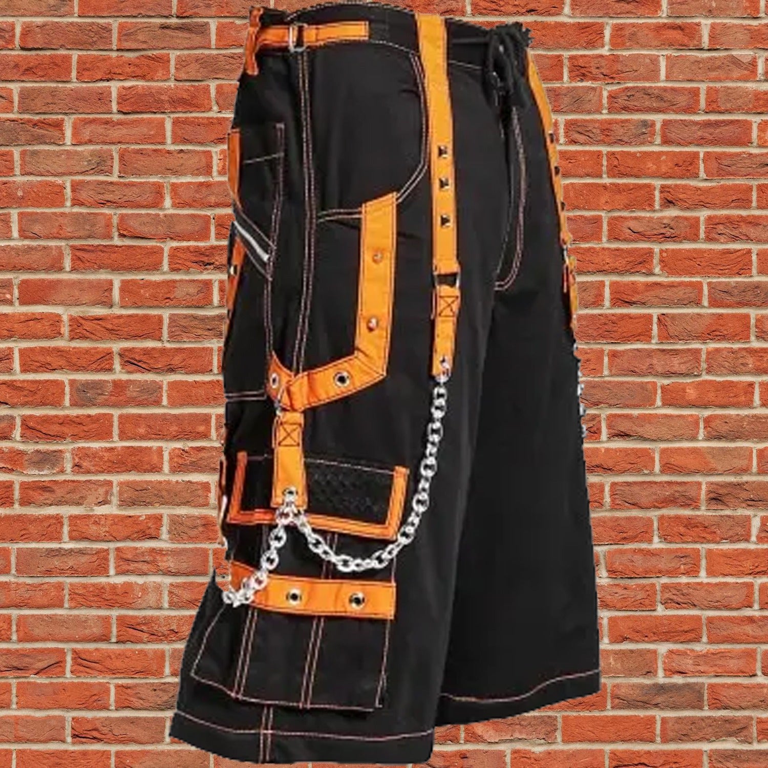 Men Extreme Bondage Skater Black/Orange Gothic Punk Rocker Cyber Goth Steam punk Biker Short