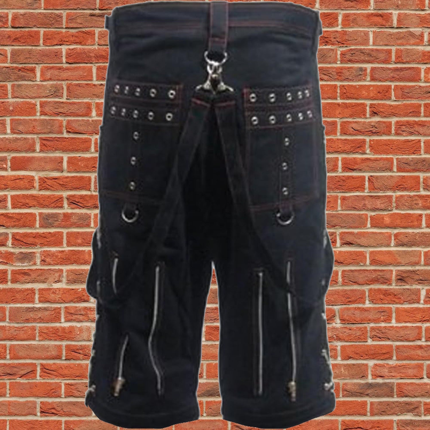 Men's Metal Eyelet Studded Chains Zips Red Stitching Baggy Skater Shorts Emo