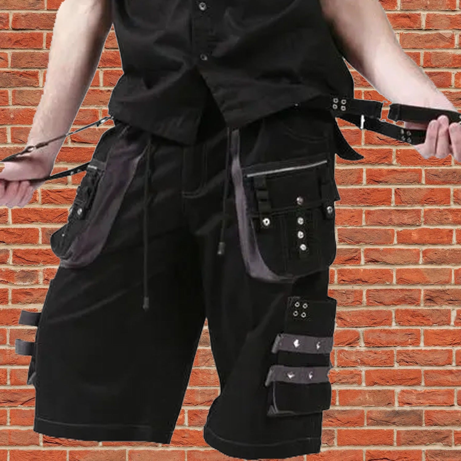 Gothic Men's Black Grey Men Short Gothic Cotton Studs Metal Punk