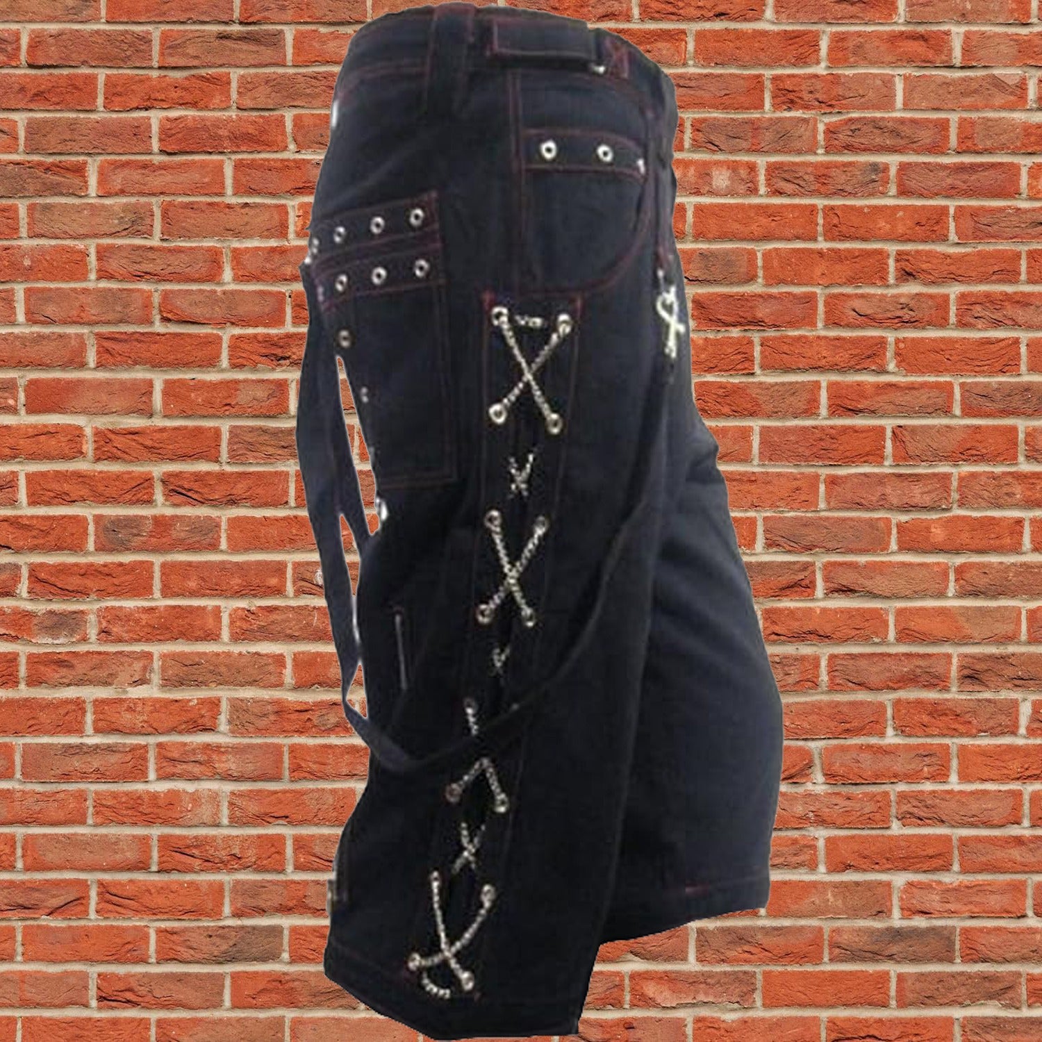 Men's Metal Eyelet Studded Chains Zips Red Stitching Baggy Skater Shorts Emo