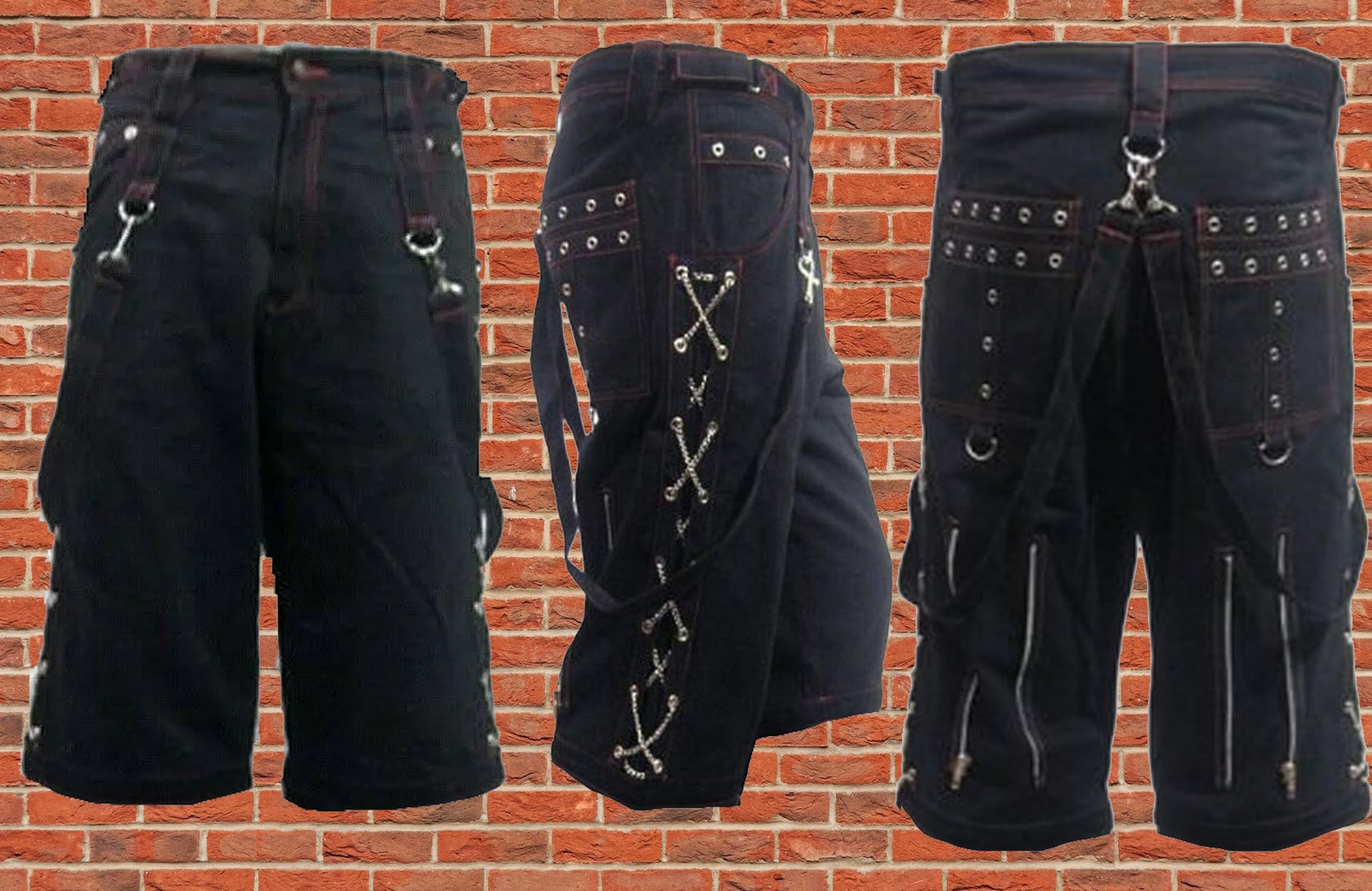 Men's Metal Eyelet Studded Chains Zips Red Stitching Baggy Skater Shorts Emo