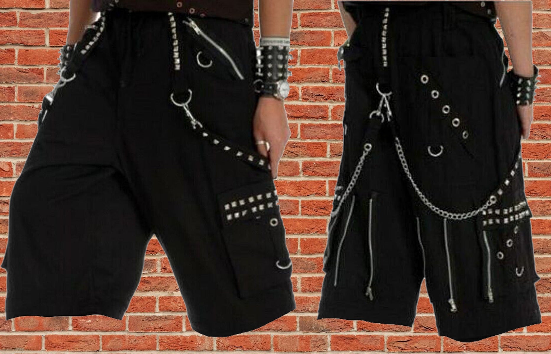 Gothic Men Black Chrome Trousers Punk Rock Studs Metal /Chain Shorts