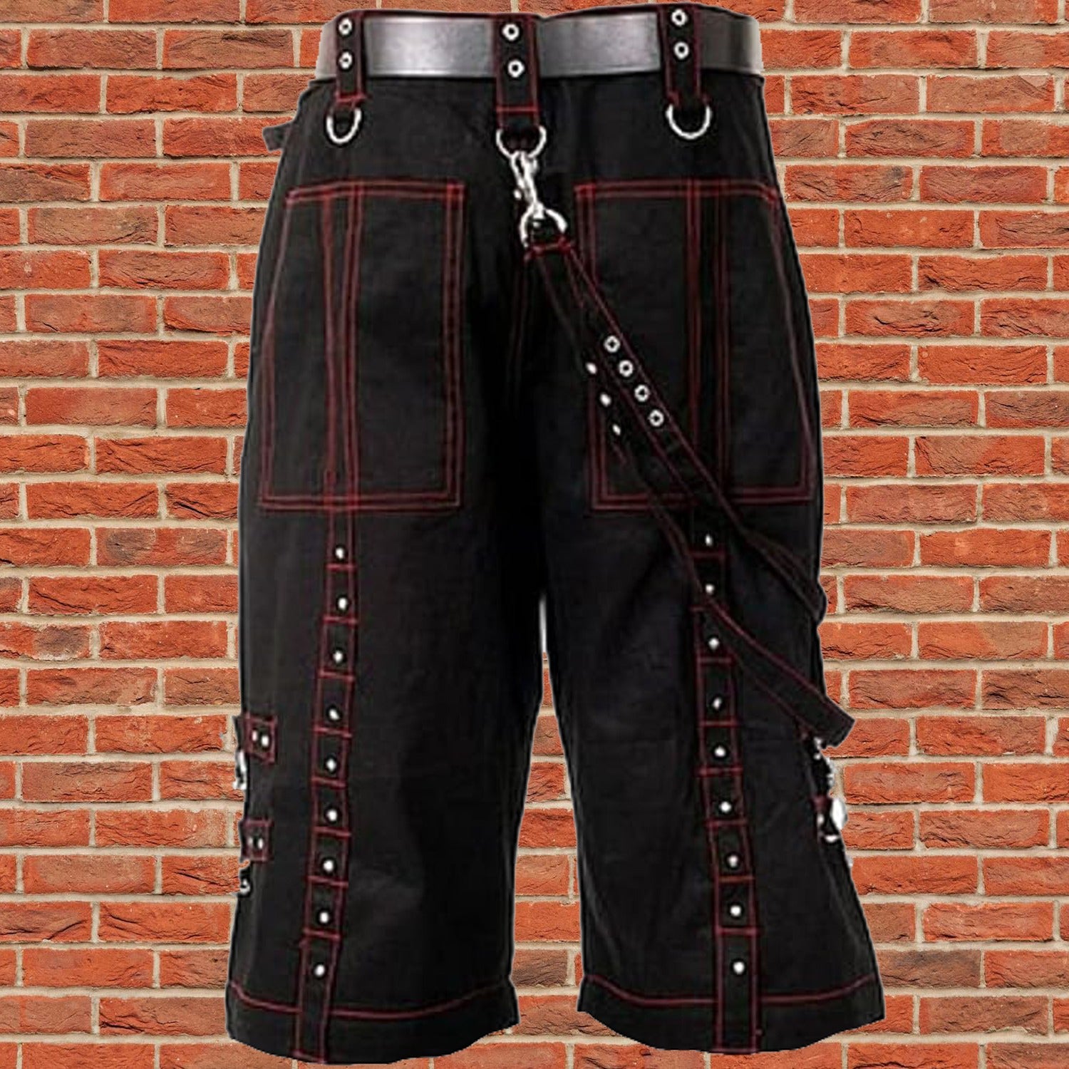 Men Gothic Handmade Bondage Cyber Red Thread Shorts Metal Studs /USA