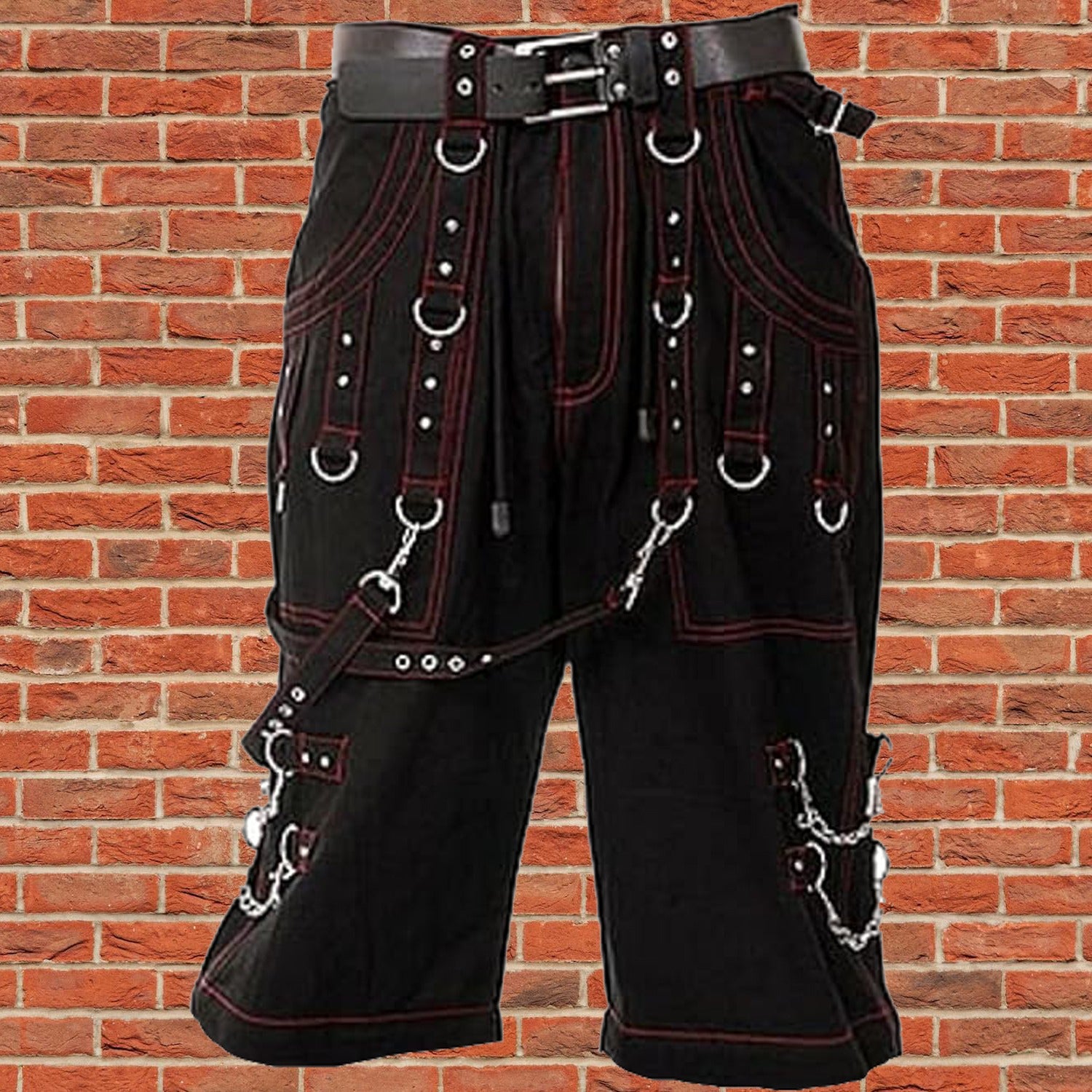 Men Gothic Handmade Bondage Cyber Red Thread Shorts Metal Studs /USA