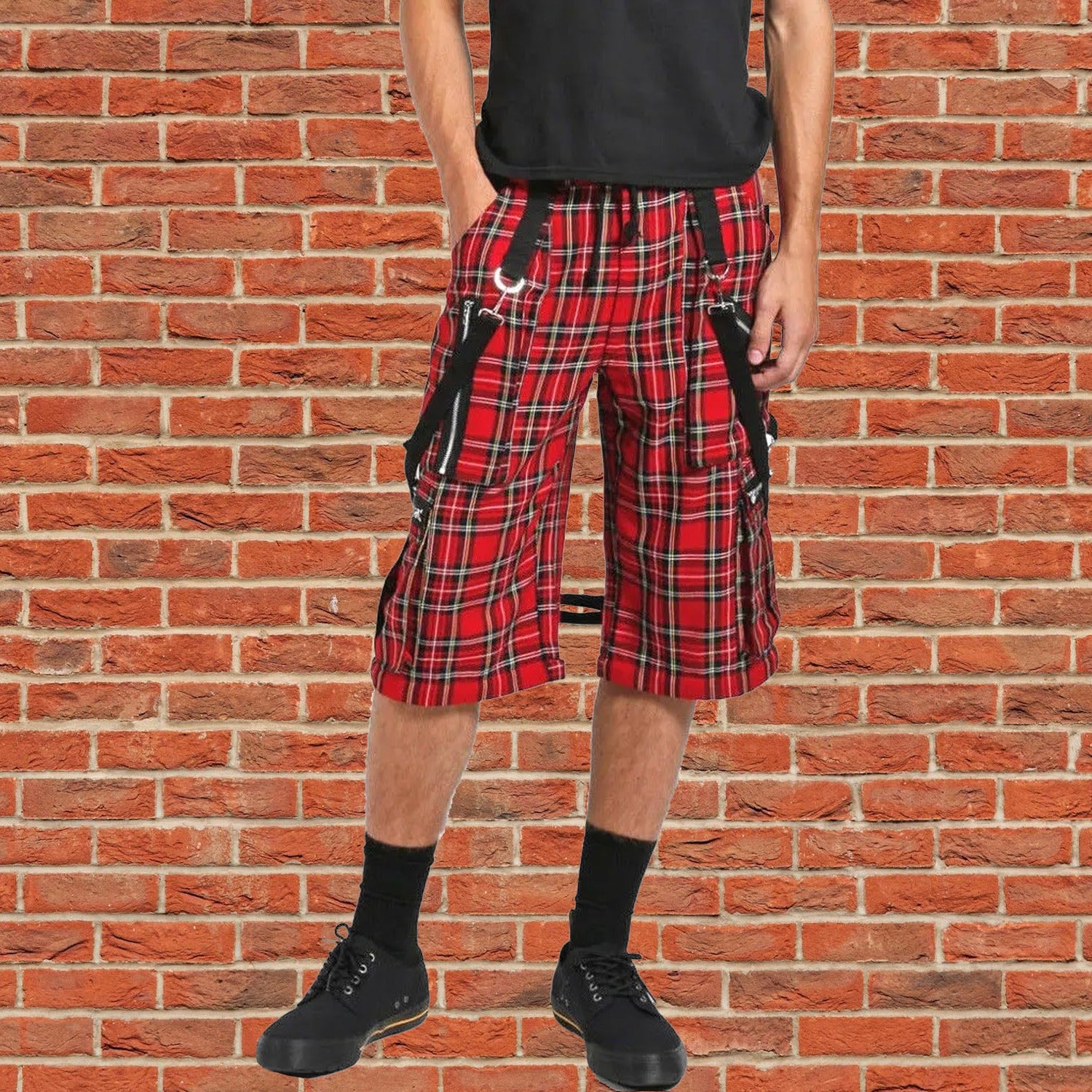 Gothic Bondage Red Plaid Men's Alternative Punk Rock Emo Shorts