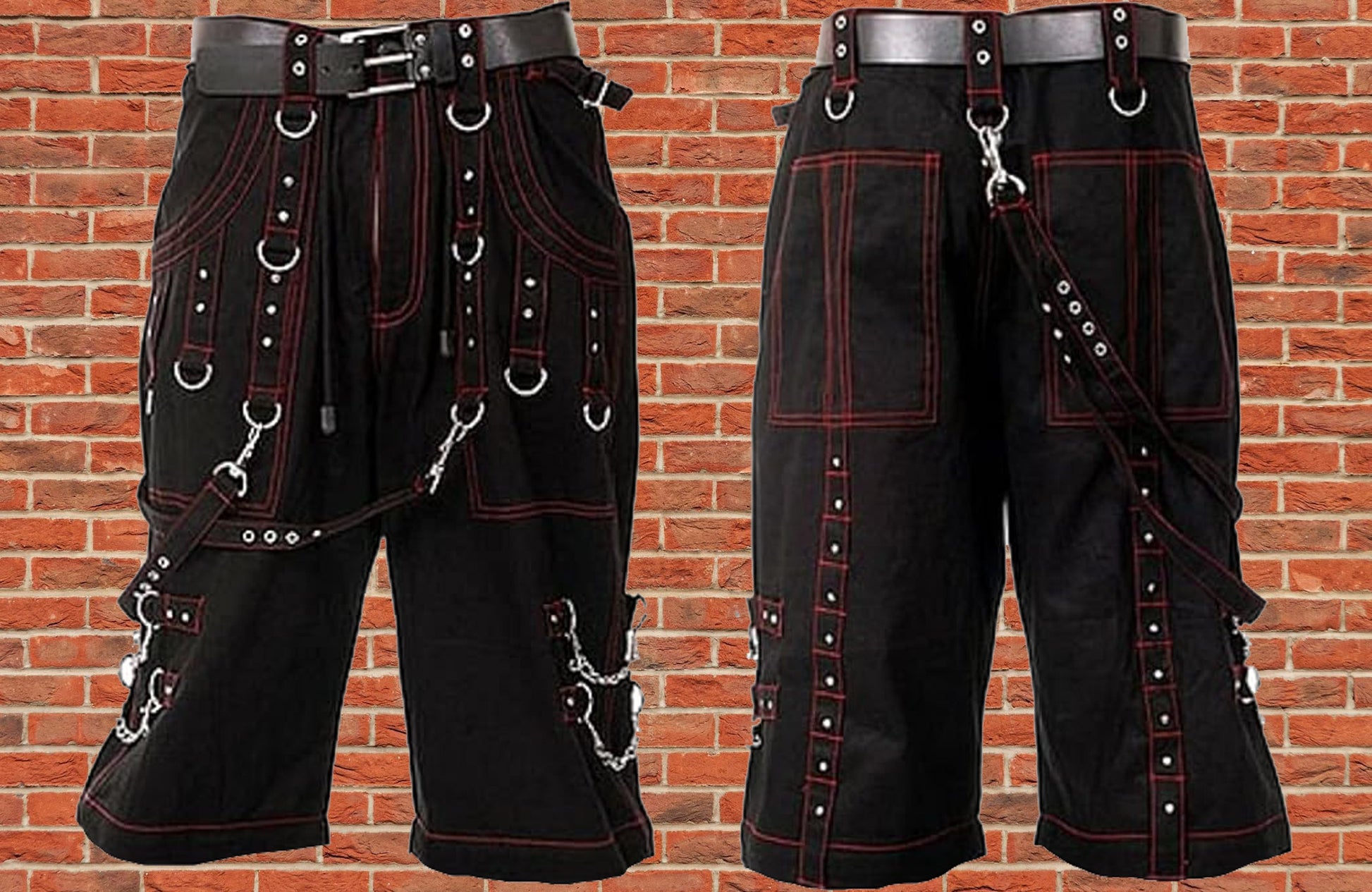 Men Gothic Handmade Bondage Cyber Red Thread Shorts Metal Studs /USA