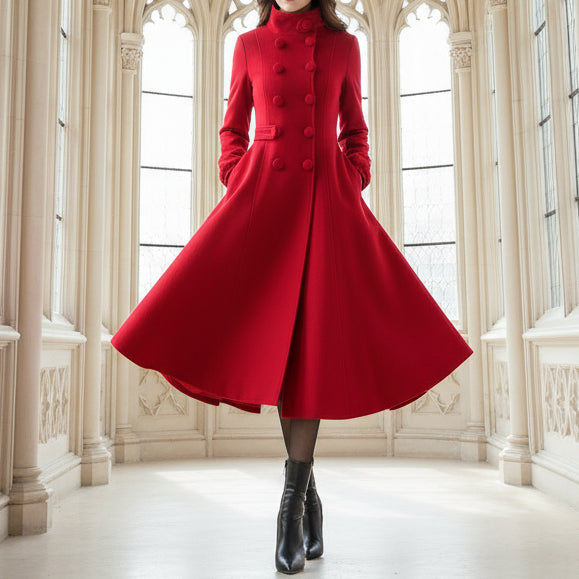 Women's Winter Warm Red Wool Long Fit And Flare Coat