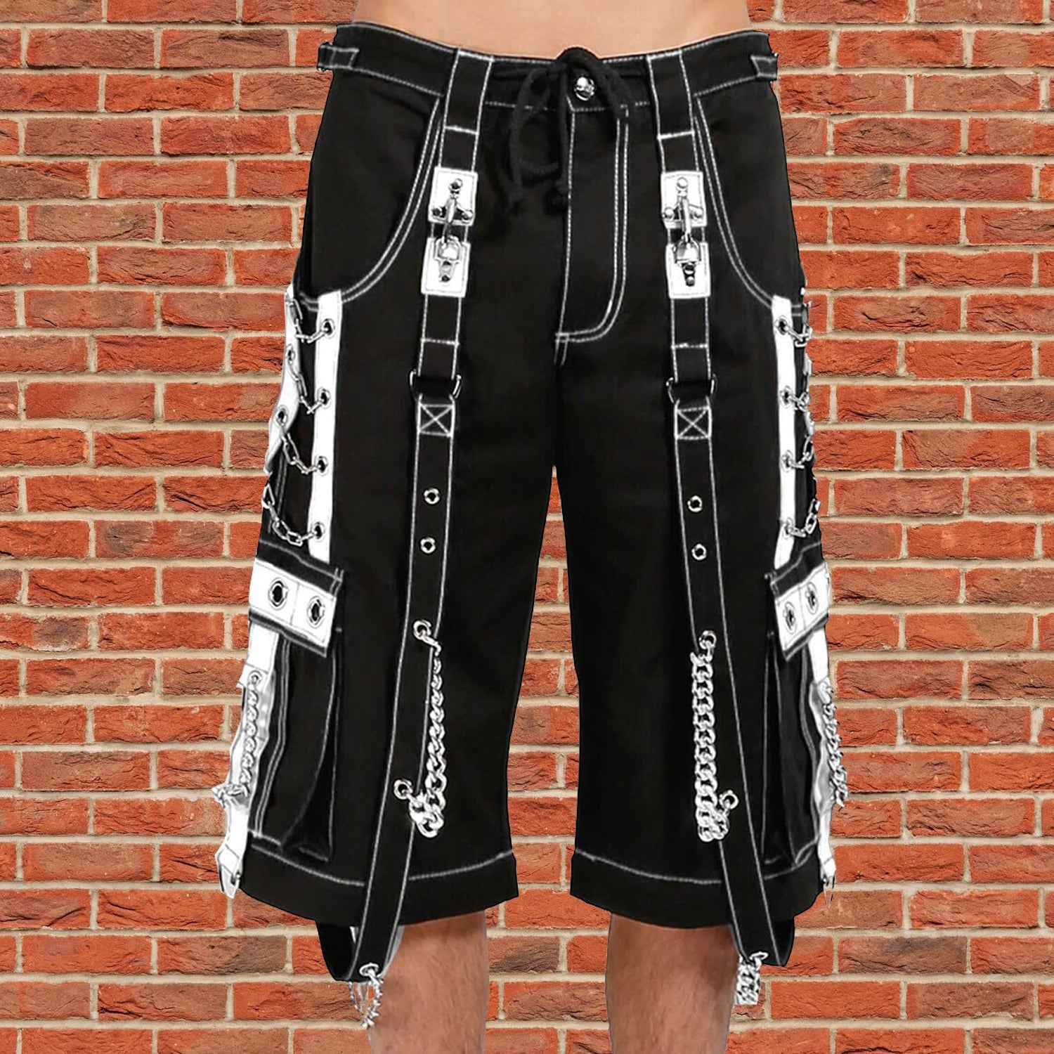 Mens Goth Punk Black White Bondage Trip Pant Chain Techno Rock Punk Shorts Usa