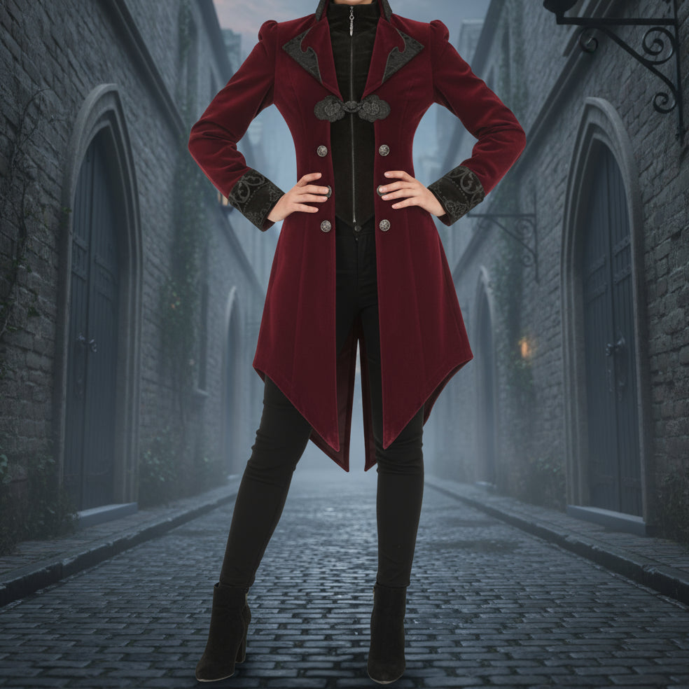Women's Steampunk Swallow Tailcoat Gothic Long Winter Burgundy Velvet Coat