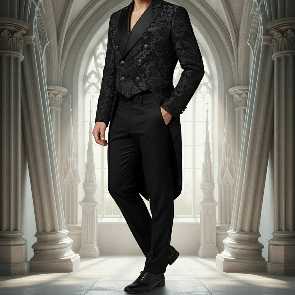 Gothic Devil Fashion Cavalier Men's Steampunk Tailcoat Black Damask