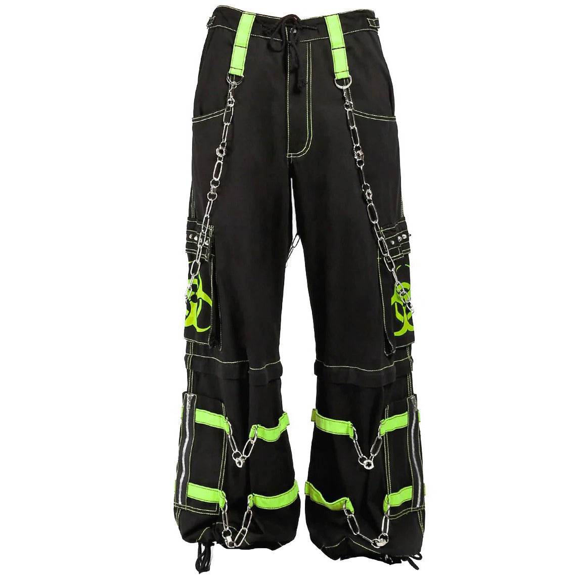 New Biohazard Men Gothic Black/Lime Bondage Reflective Biohazard Symbol Pant Alternative Punk Rock Trouser Shorts