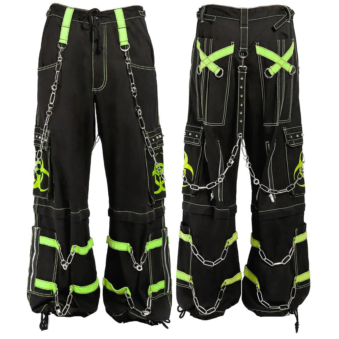 New Biohazard Men Gothic Black/Lime Bondage Reflective Biohazard Symbol Pant Alternative Punk Rock Trouser Shorts