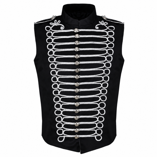 Men's Military Hussar Sleeveless Black Vest Black & Silver Jacket Usa