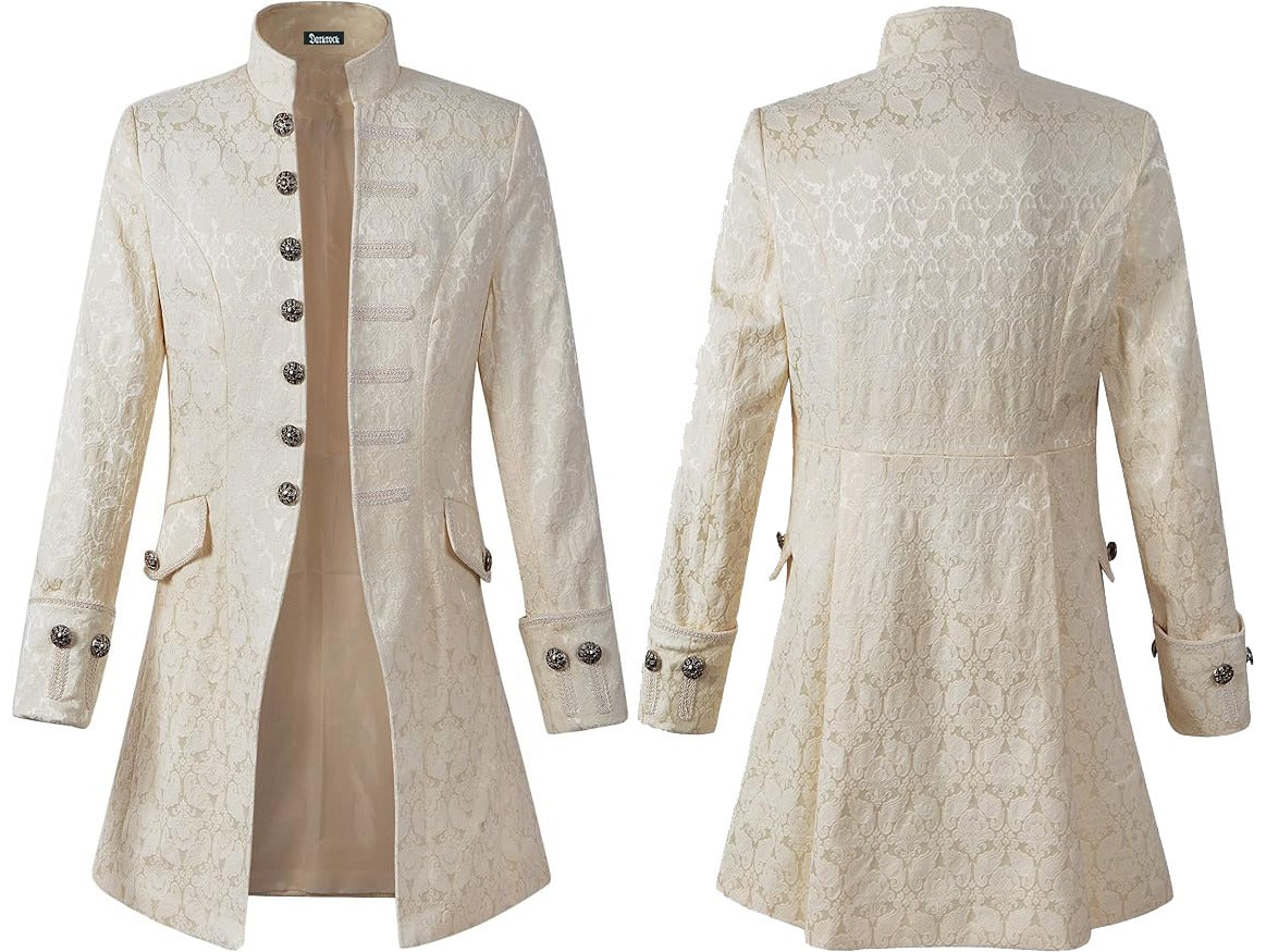 Renaissance Mens Velvet Goth Steampunk Victorian Frock Coat Cream