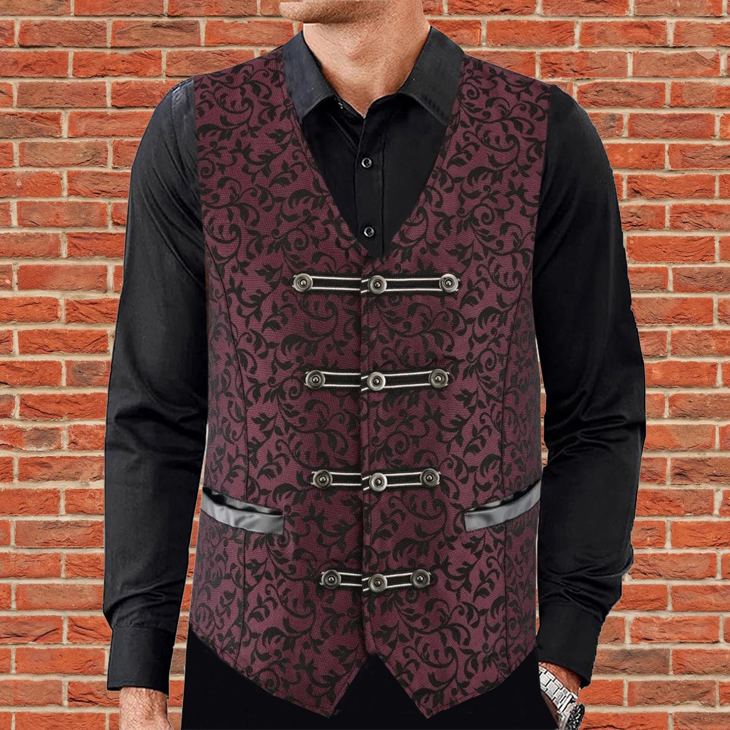 Premium Men’s Vest Waistcoat Maroon Damask Velvet Goth Steampunk VTG/Brocade Vest