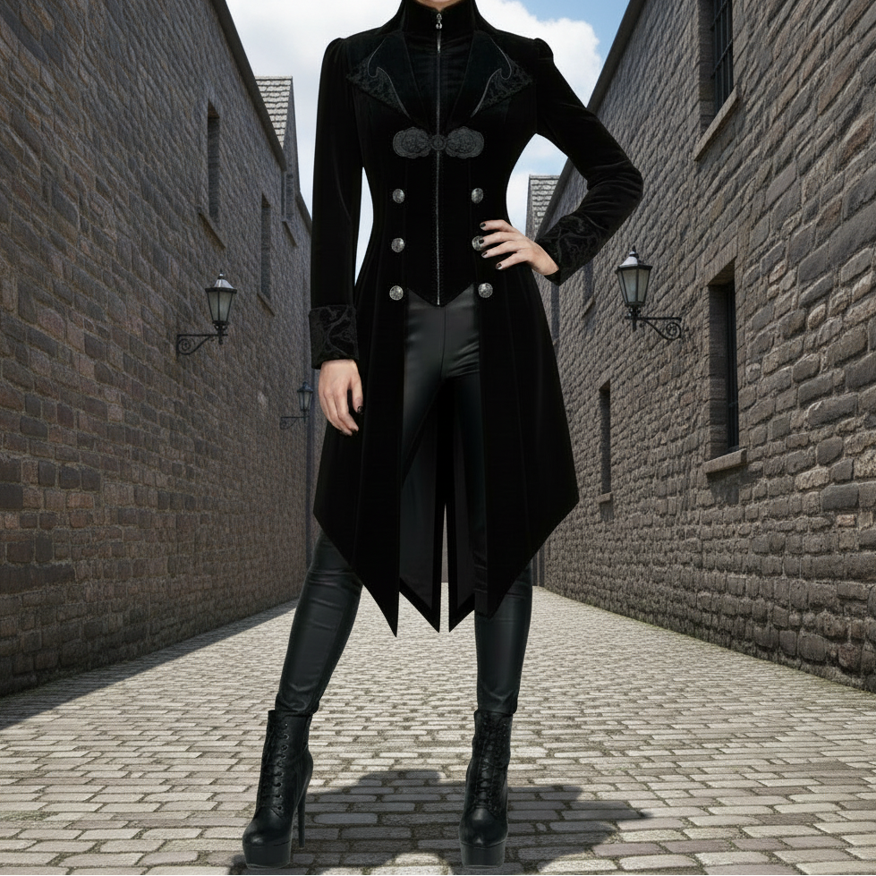Women's Steampunk Swallow Tailcoat Gothic Long Winter Black Velvet Coat