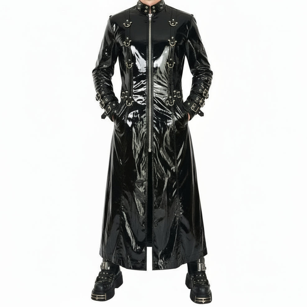 Black Vinyl PVC Fetish Gothic Spike Stud Long Gothic Cosplay Trench Coat Hell Raiser