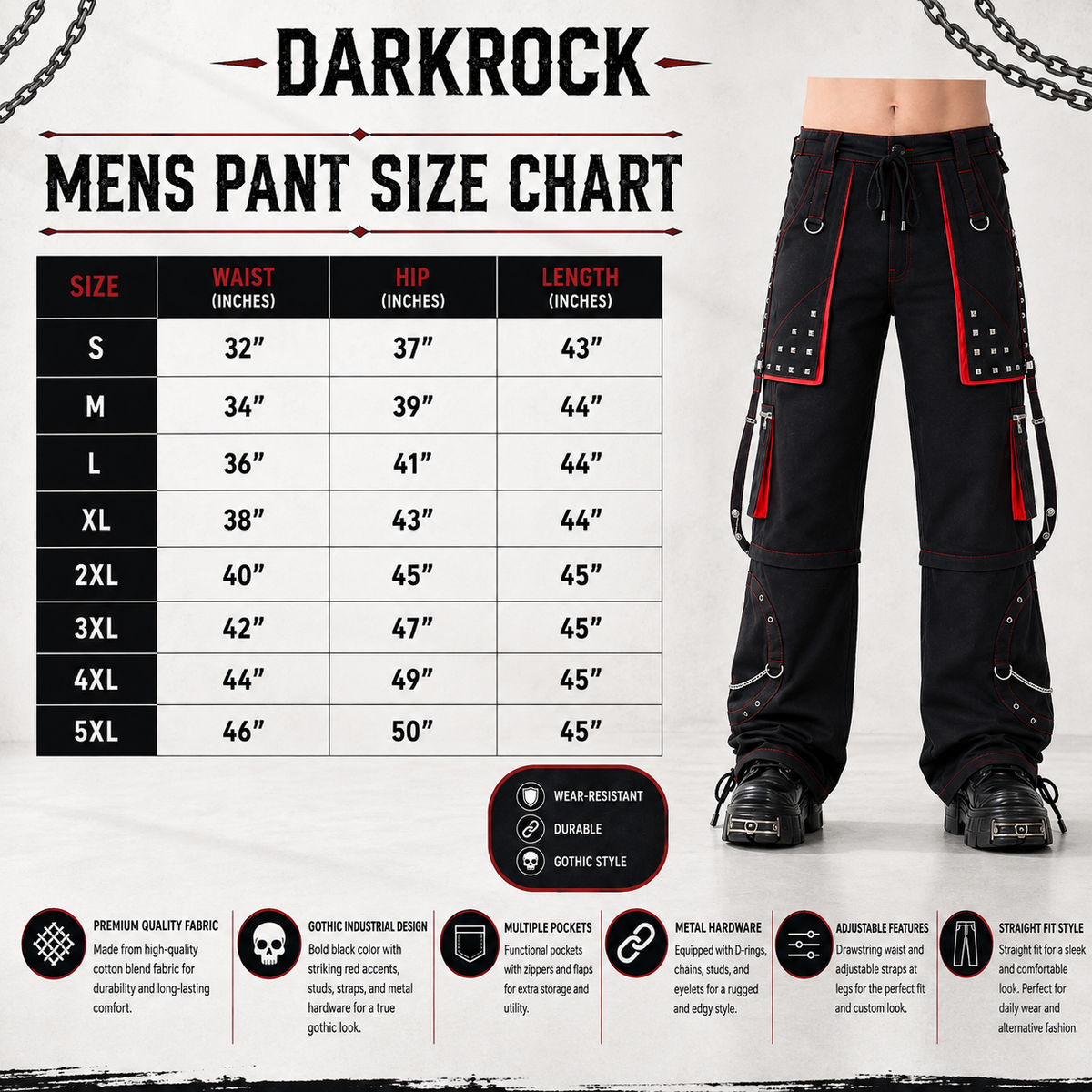 Gothic Men's Black Stylish Pant Trouser Slim fit Straight Black Red Color Pants USA