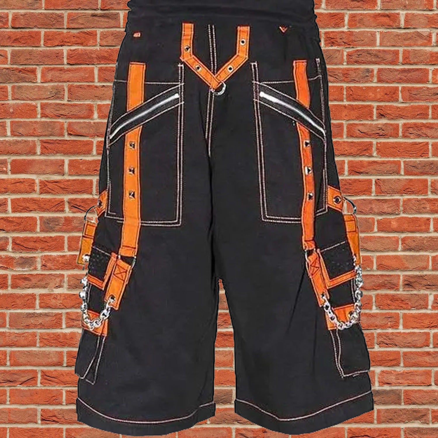 Men Extreme Bondage Skater Black/Orange Gothic Punk Rocker Cyber Goth Steam punk Biker Short