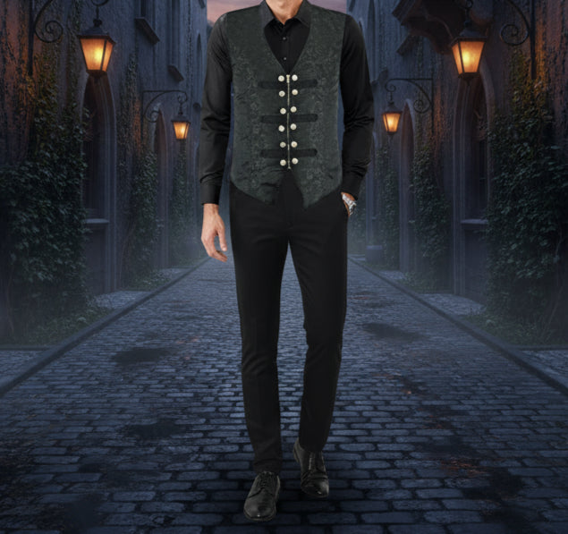 MEN'S BLACK BROCADE TAILORED VICTORIAN SINGLE BREASTED WAIST COAT VEST USA