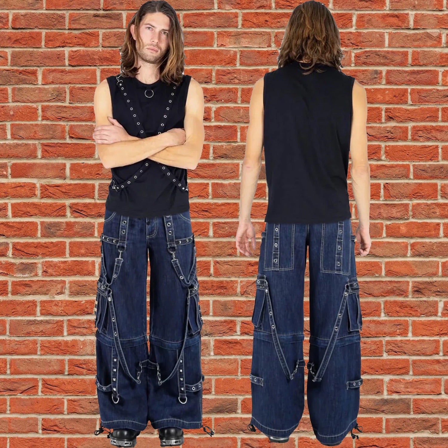 Gothic Blue Jeans Zip Off Pants Punk Buckle Zips Chain Strap Trousers Trip Pant