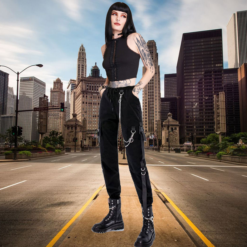 Women's Black Cargo Pants for Techwear Women Loose Street Rock Style Casual Black Pants with Chain Gothic Pants