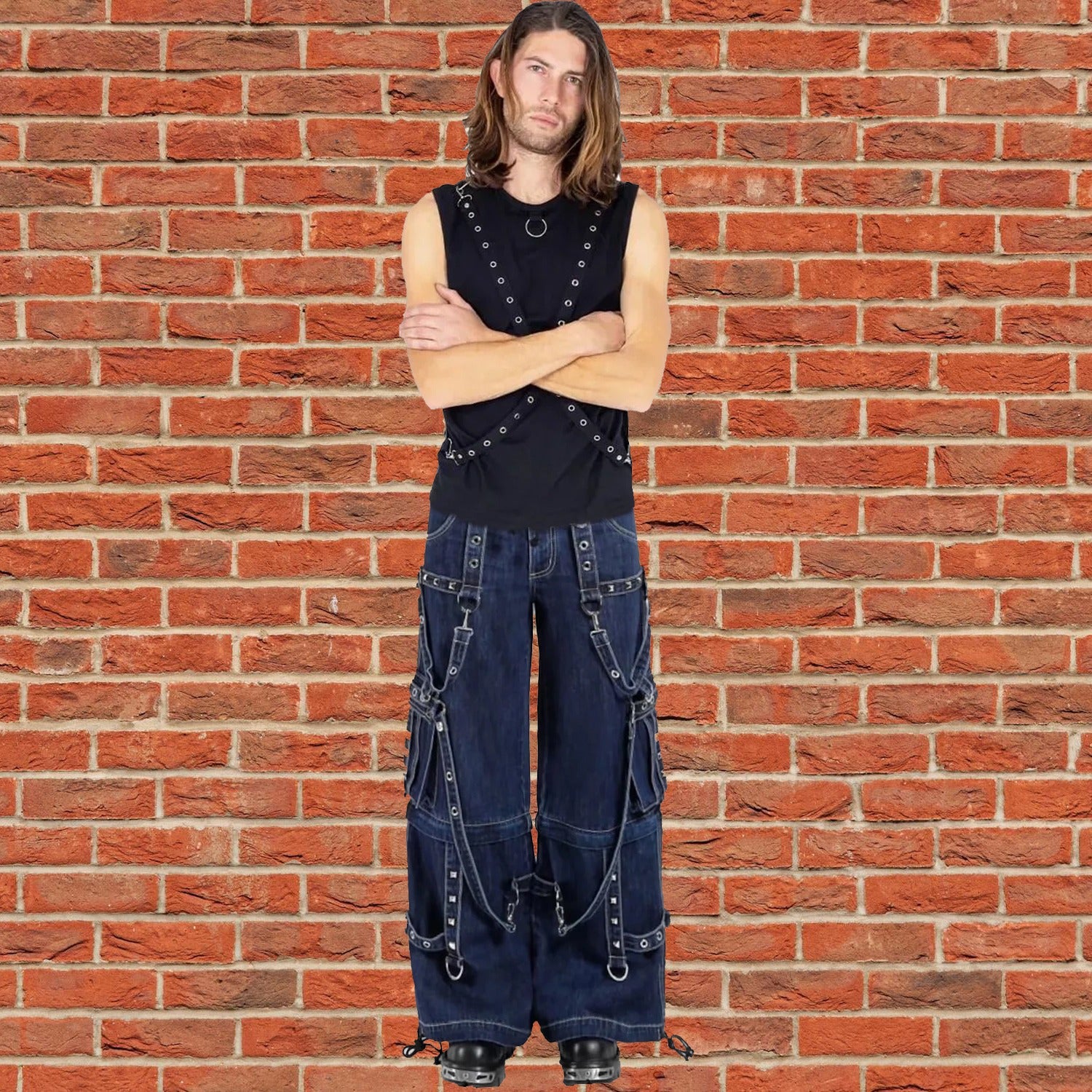 Gothic Blue Jeans Zip Off Pants Punk Buckle Zips Chain Strap Trousers Trip Pant