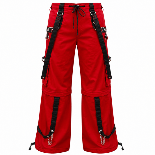 Gothic Men's Gothic Handmade Red Trouser Red Threads Black Straps Punk Rock Metal Chain Cyber/USA