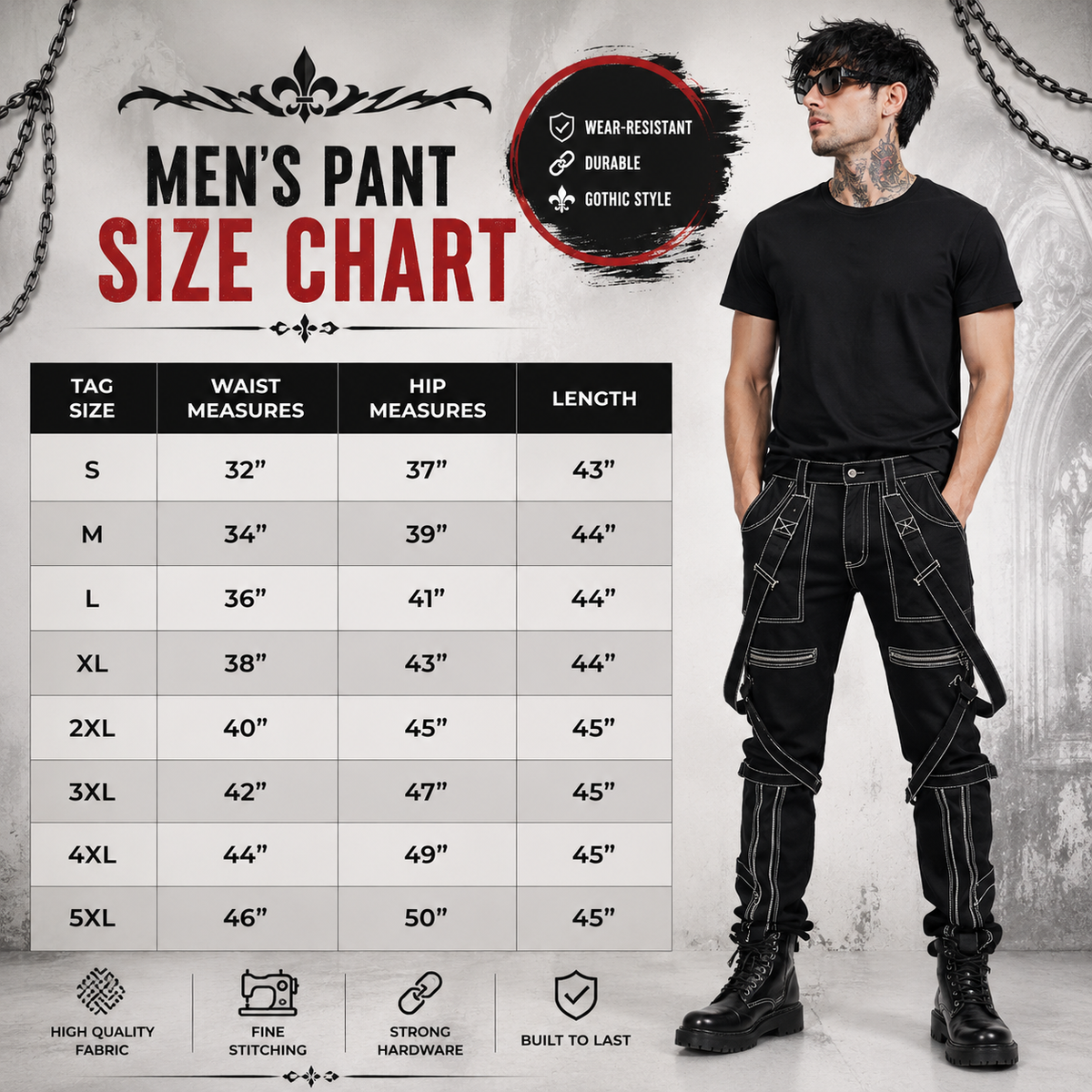 Prime Quality Gothic Straps Zipper Stitch Trousers Punk Rock Studs Metal Chain Trouser Pants/USA Sizes