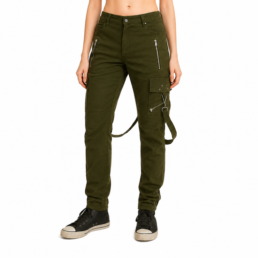 Gothic Bondage Straps Zipper Gothic Punk Army Green Goth Jeans Pants