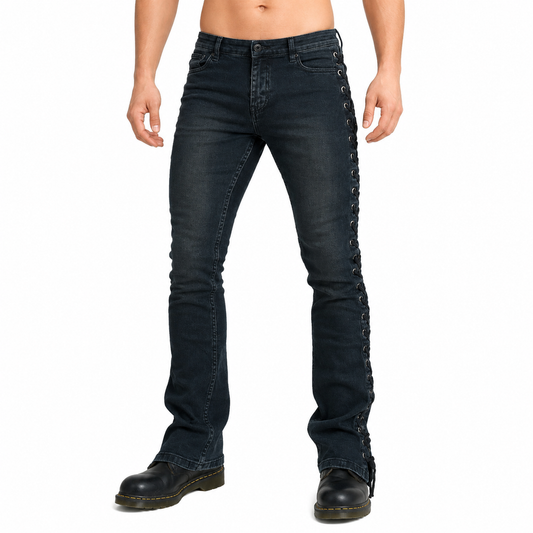 DARKROCK LACE UP ROCKER FIT RIFF BOOT CUT GOTHIC PUNK STAGE BLACK JEANS PANTS BIKER