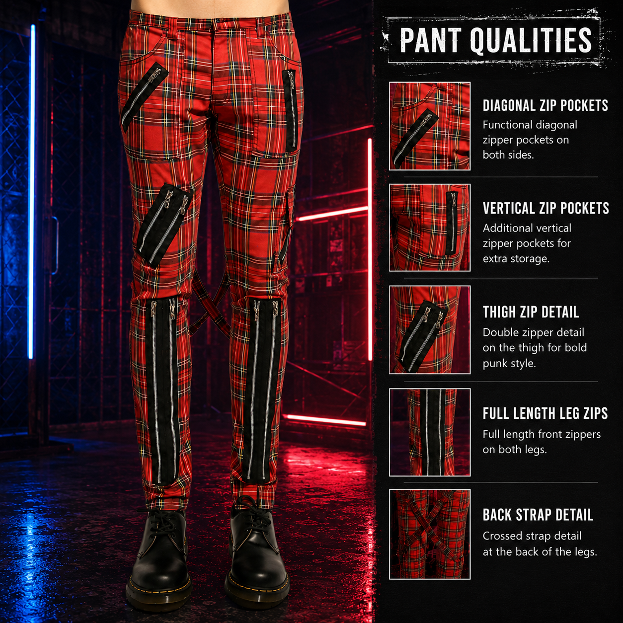 Gothic Bondage Red Straps Men Pant Alternative Punk Rebel Rock Emo Trouser Jeans Pant