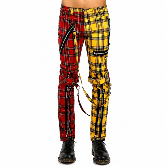 Men Bondage Straps Punk Split Leg Plaid Jeans Pant Alternative Rebel Rock Emo