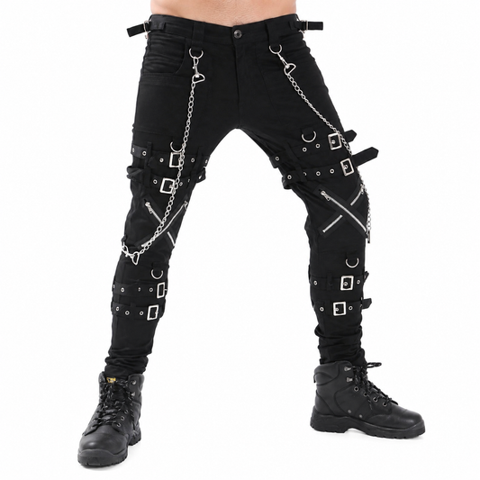 Gothic Bondage Rock Black Punk Buckle Zips Chain Strap Trousers Pants Usa