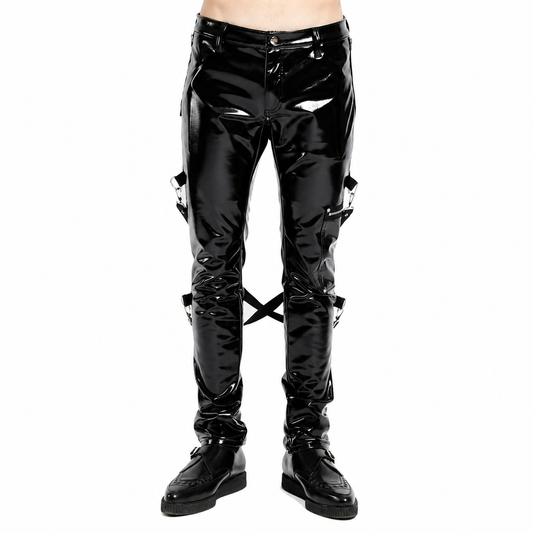 SKINNY JEANS BLACK GOTHIC SUPREME CHAOS VINYL PUNK REBEL PANTS WITH STRAP