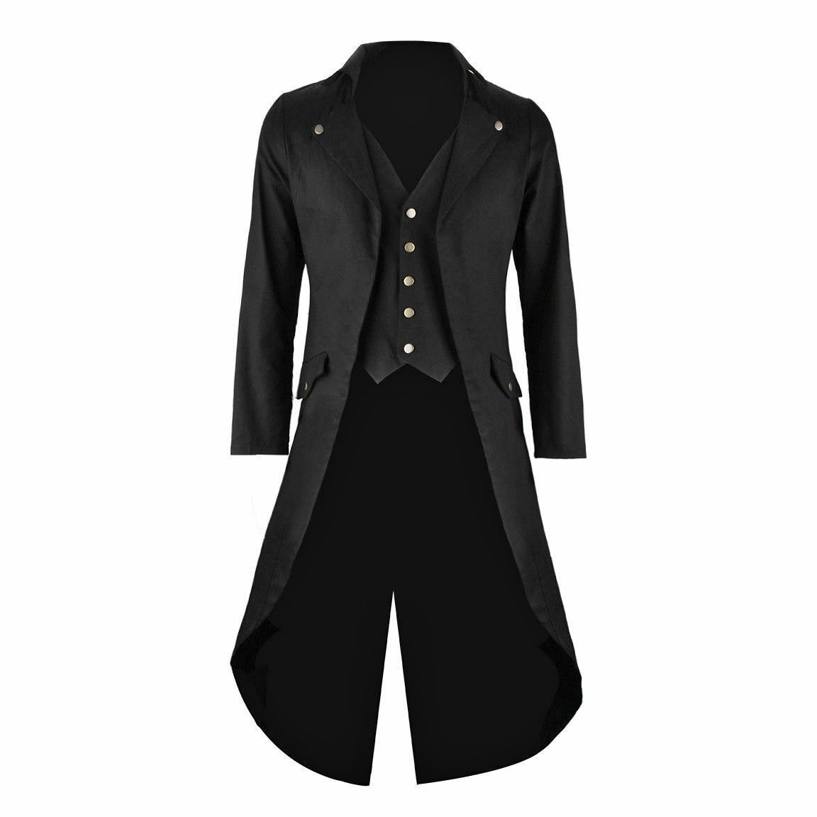 Men's Black Cotton Twill Steampunk Tailcoat Brass Button Jacket Goth Victorian Coat/Trench