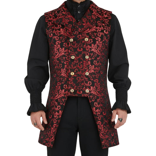 Men's Double Breasted Governor Vest Waistcoat Vtg Brocade Gothic Steampunk USA Red
