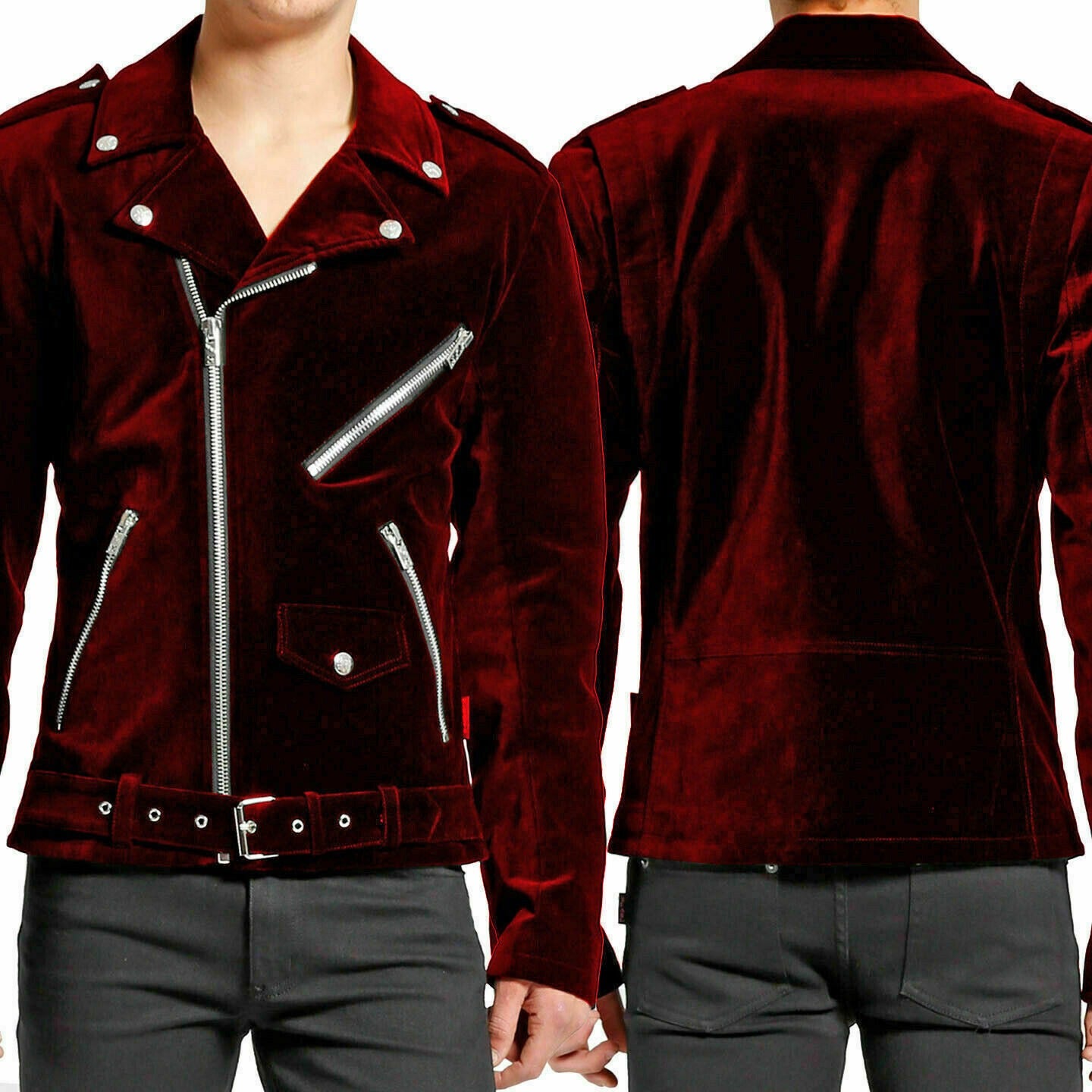 DARKROCK Gothic Motor Bike RED Velvet Motorcycle Jacket Punk Fetish EMO Biker Jacket (3)