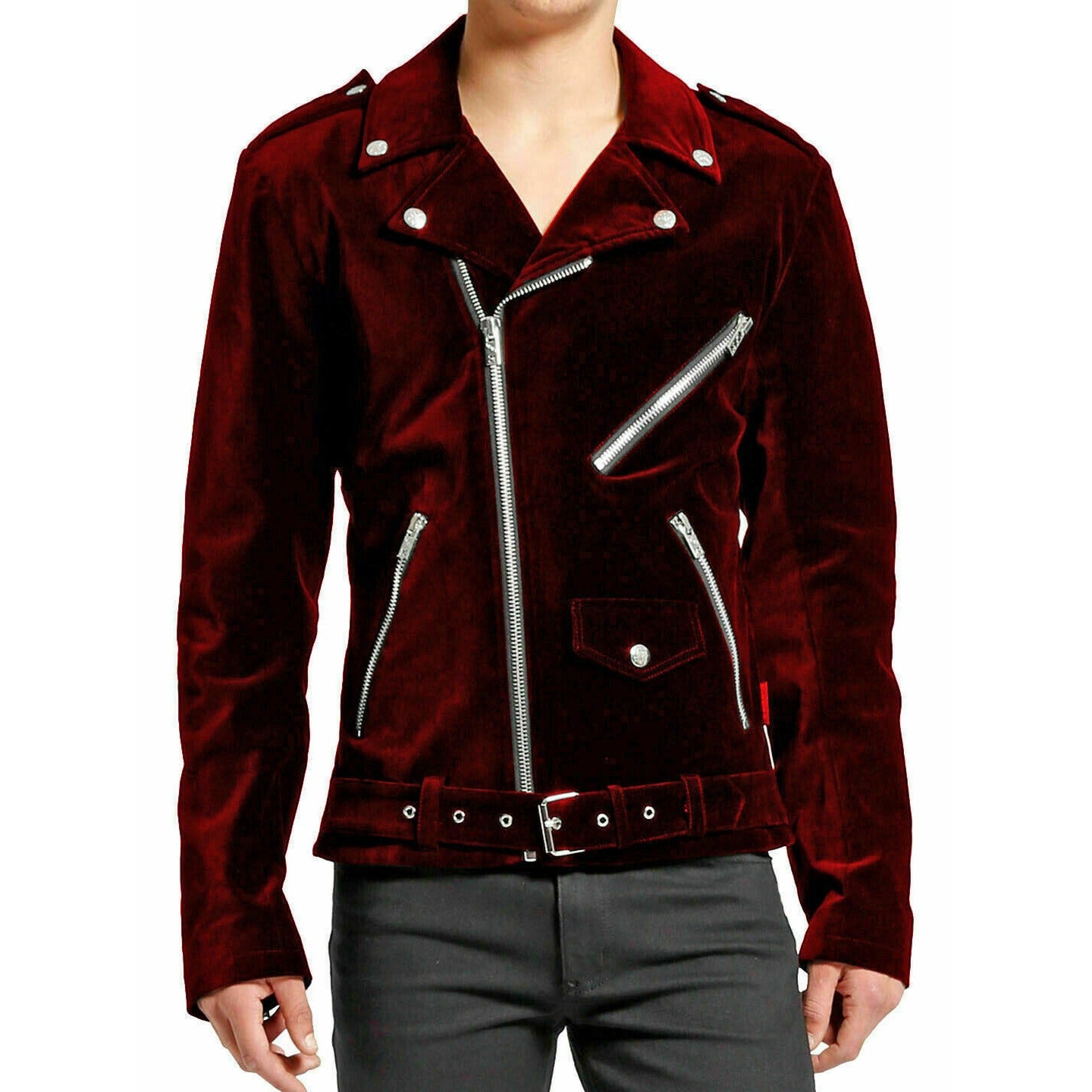 DARKROCK Gothic Motor Bike RED Velvet Motorcycle Jacket Punk Fetish EMO Biker Jacket (4)