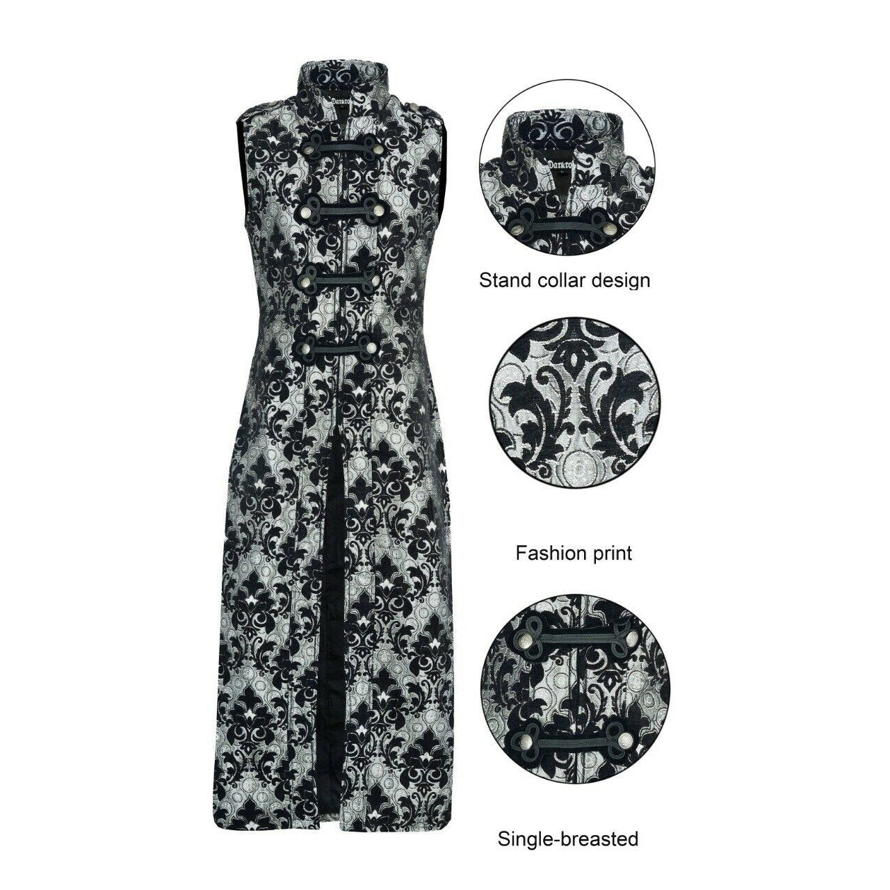 Men's Fashion Long Gothic Waistcoat Coat Jacket Black Silver Damask Steampunk