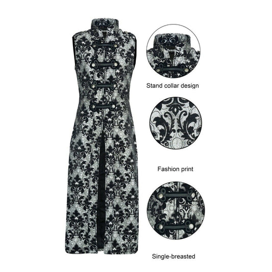 Men's Fashion Long Gothic Waistcoat Coat Jacket Black Silver Damask Steampunk