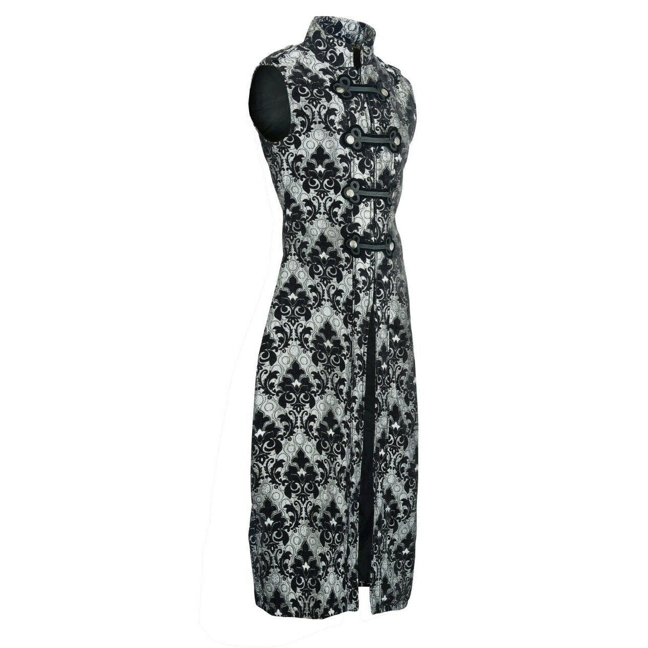 Men's Fashion Long Gothic Waistcoat Coat Jacket Black Silver Damask Steampunk