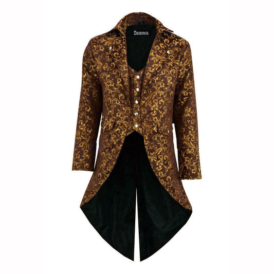 Handmade Men Tail Coat Jacket Gold Brocade Goth Steampunk Victorian Tailcoat