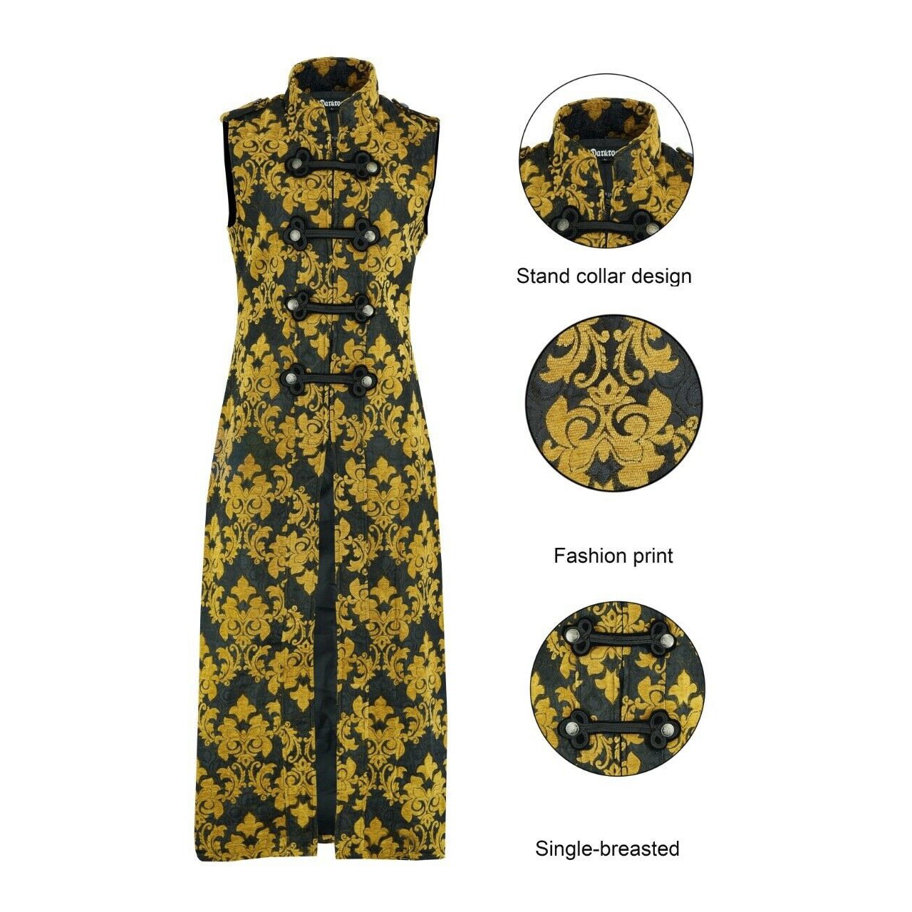 Men's Fashion Long Gothic Waistcoat Coat Jacket Black Gold Damask Steampunk