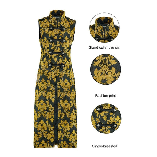 Men's Fashion Long Gothic Waistcoat Coat Jacket Black Gold Damask Steampunk