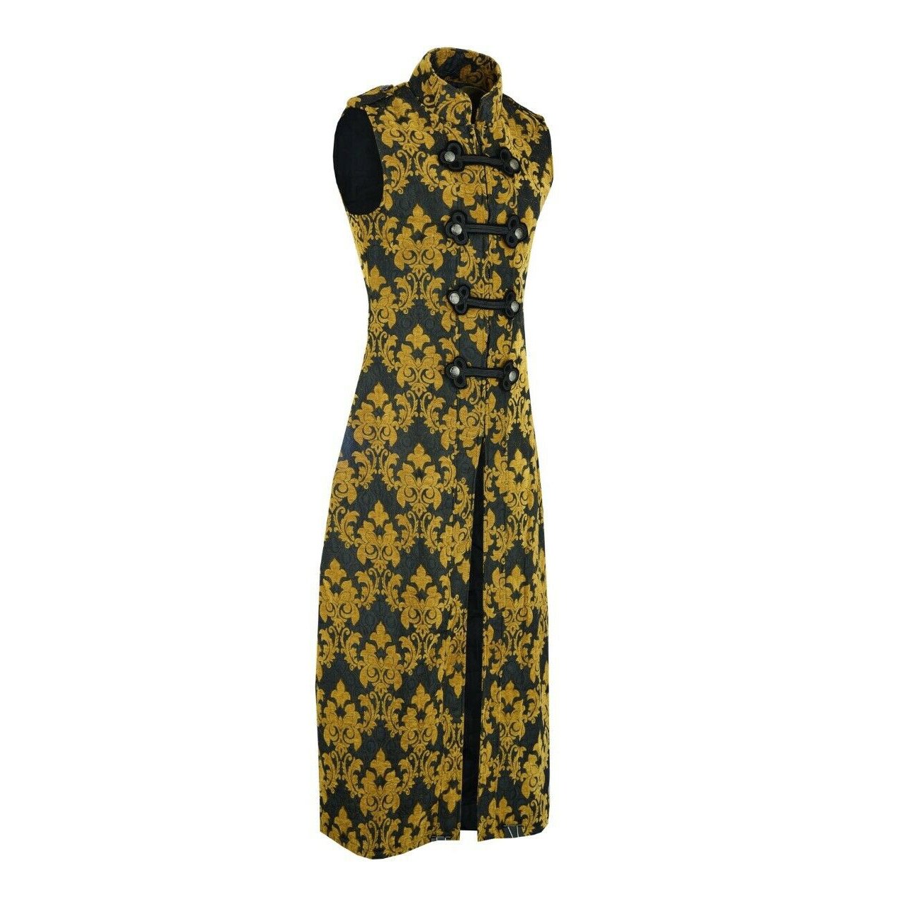 Men's Fashion Long Gothic Waistcoat Coat Jacket Black Gold Damask Steampunk